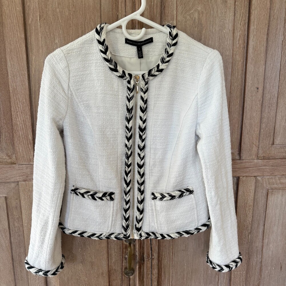 White House Black Market Tweed Jacket Sz 4 Black White Braided Trim Full Zip